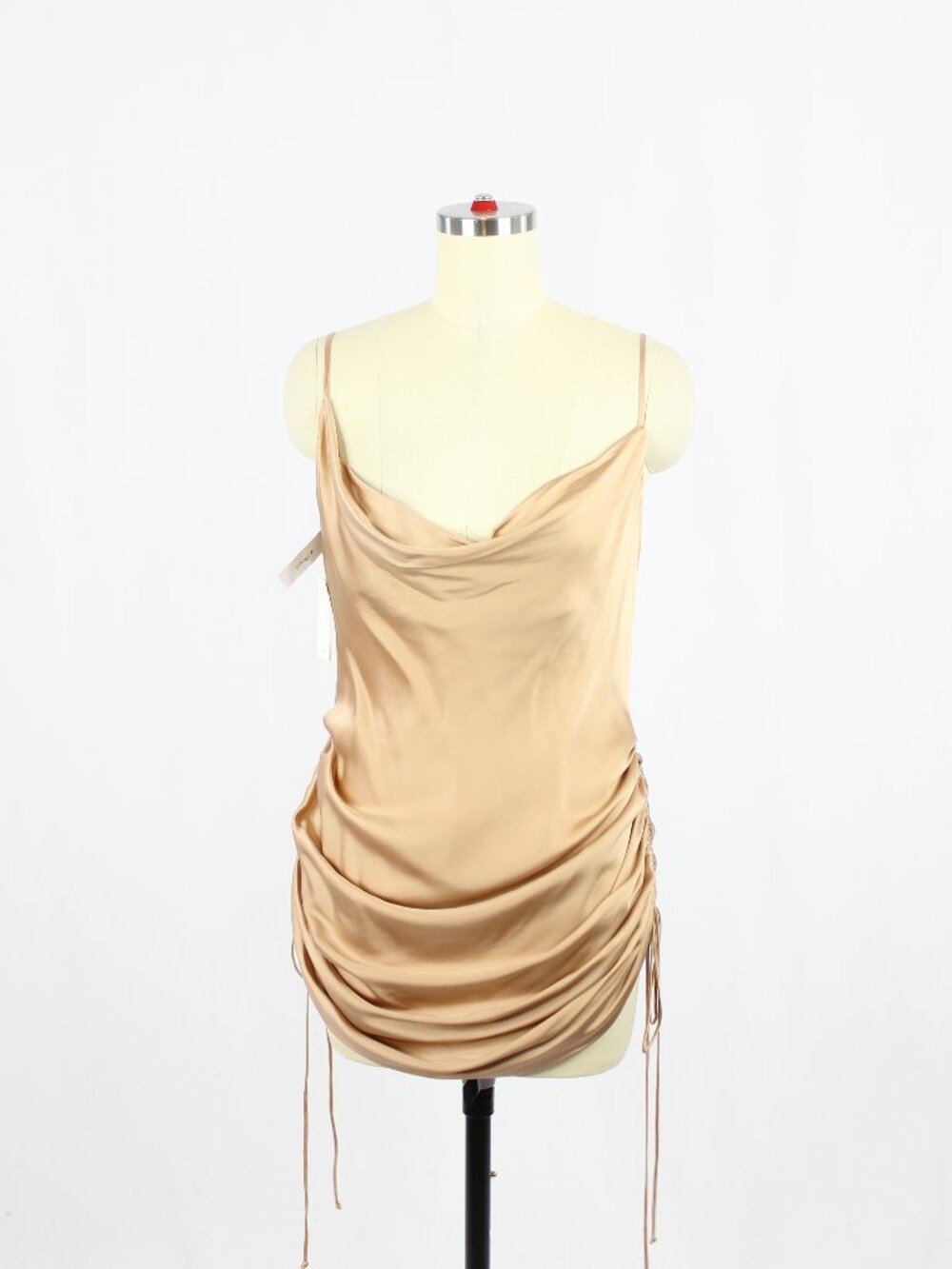 NWT Aritzia WILFRED Only Beige Satin Ruched Cowl Neck Mini Slip Dress, Size S